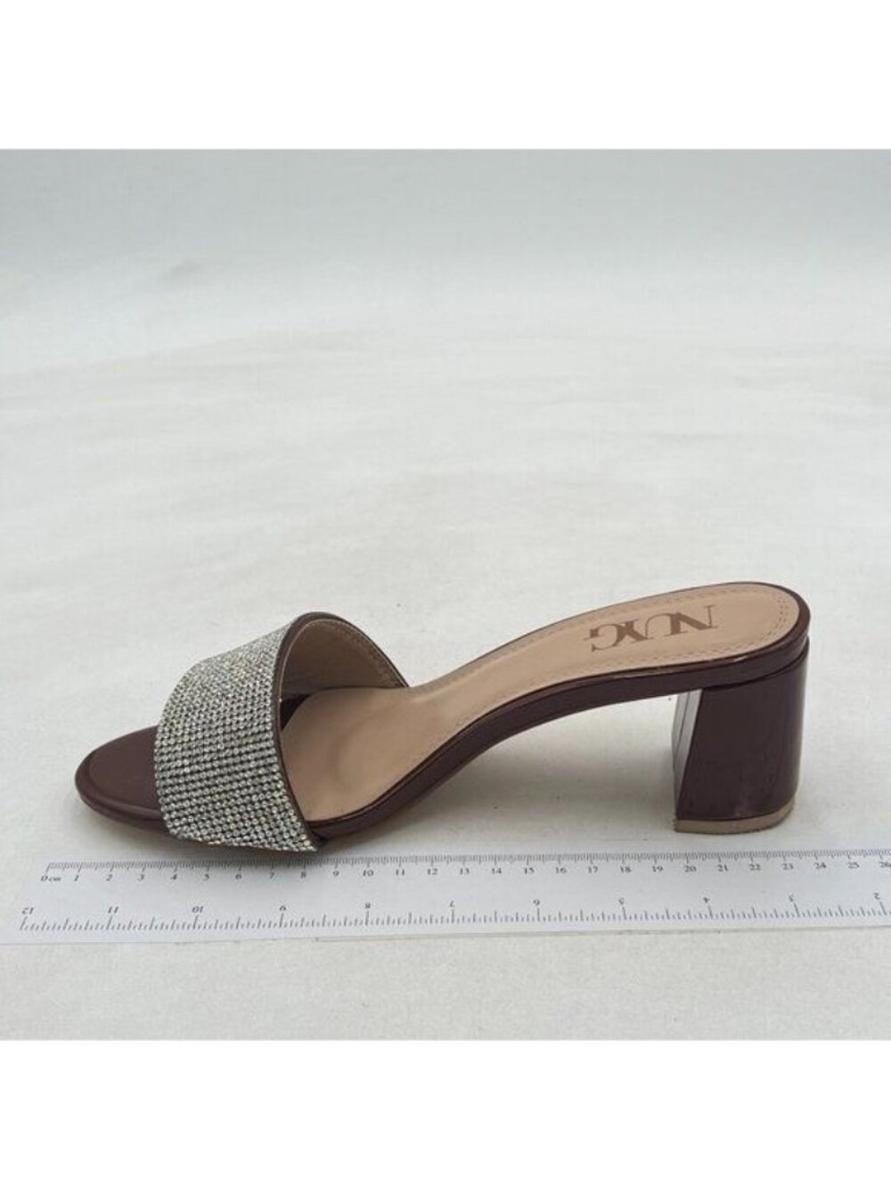 Brown Pointed Open Toe  Mid Heel Slides Rhinestone Heeled Chunky Sandal Shoes